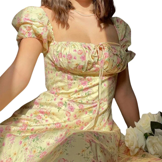 Puff-Sleeve Floral Maxi Dress – Lace-Up Bodice & High Split