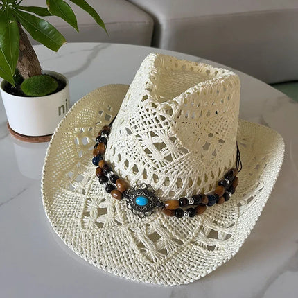 Bohemian Straw Cowboy Sun Hat – Wooden Beads