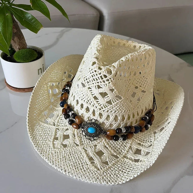 Bohemian Straw Cowboy Sun Hat – Wooden Beads