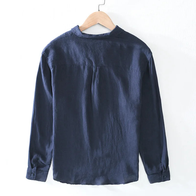 Linen Loose Square-Collar Long Sleeve Shirt Men-HighTouch