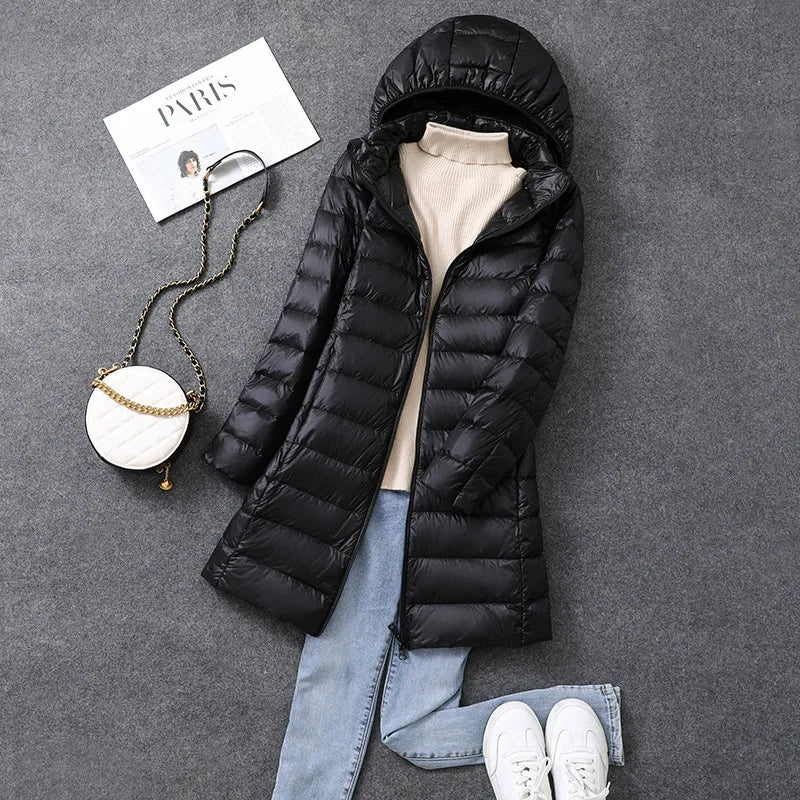Women's X-Long Office Lady Hat Detachable Puffer Jacket
