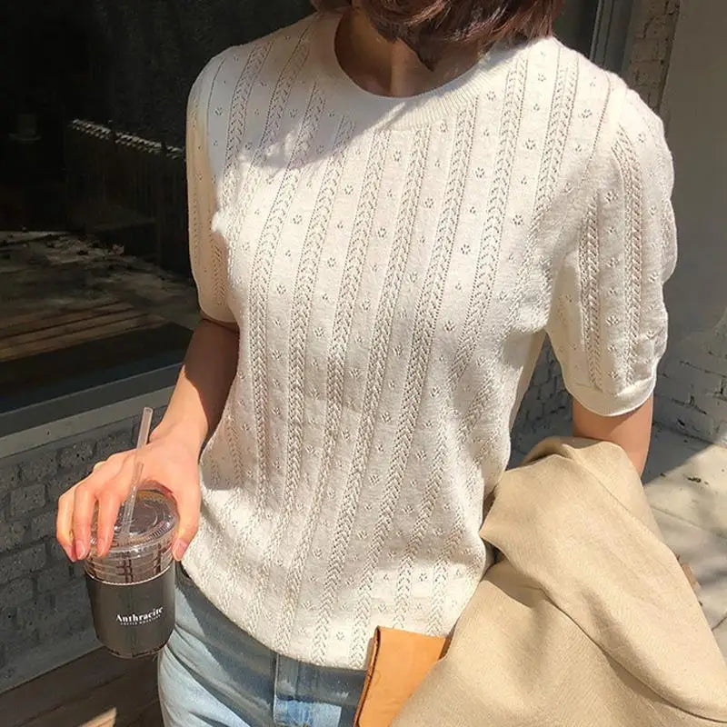 Distressed 100% Cotton Tee – Korean Knit Summer Top-HighTouch