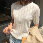 Distressed 100% Cotton Tee – Korean Knit Summer Top-HighTouch