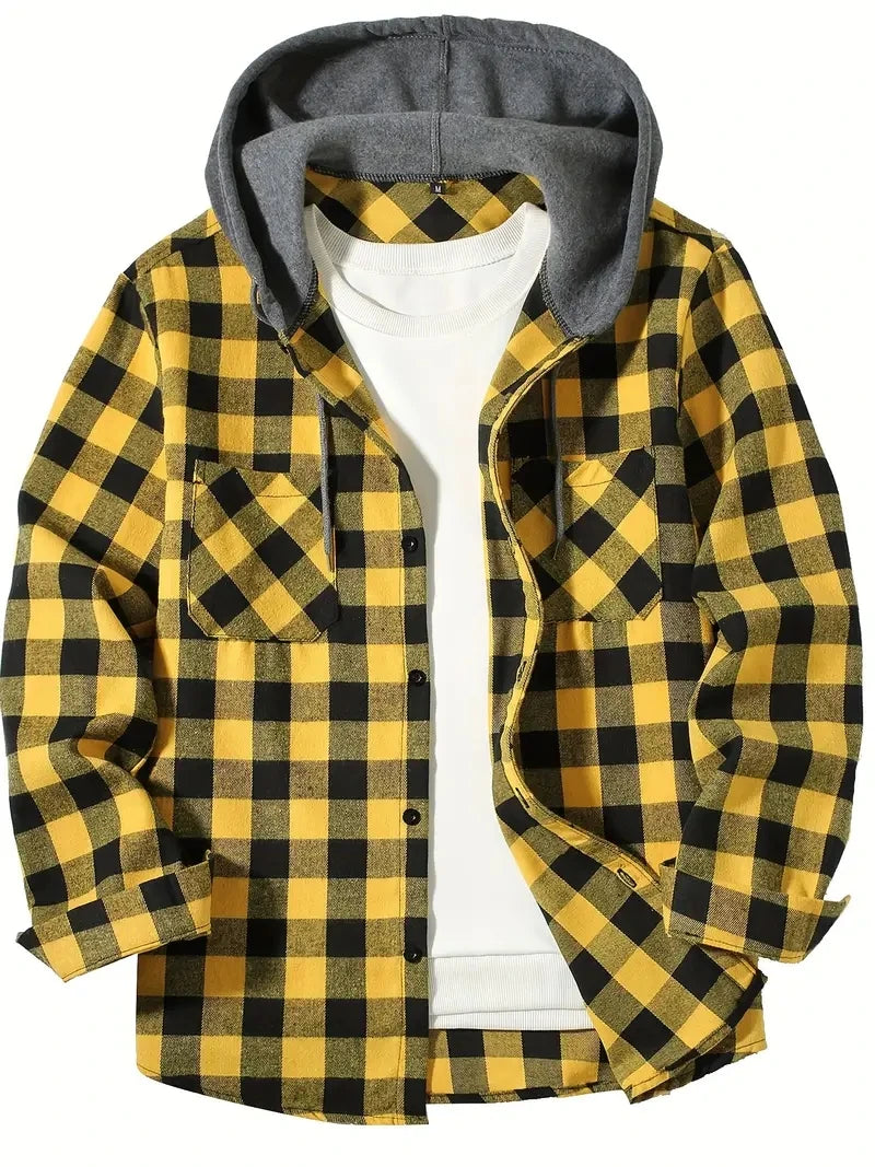 Men's Hooded Plaid Flannel Shirt - Slim Fit Shacket Jacket