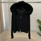 Women’s Hooded Knit Cardigan with Real Fox Fur – Casual Short Coat-HighTouch