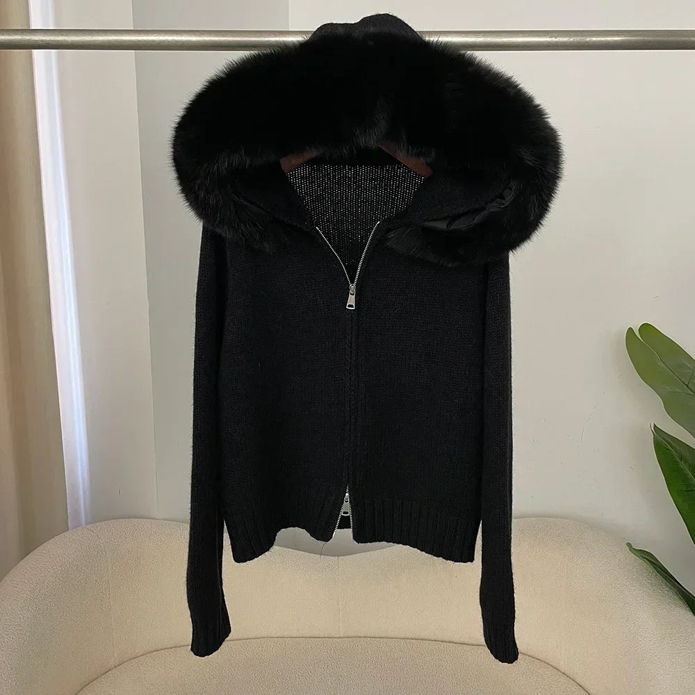 Women’s Hooded Knit Cardigan with Real Fox Fur – Casual Short Coat-HighTouch