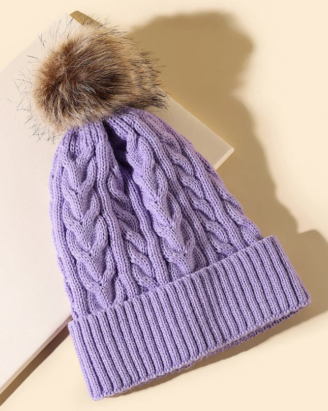 Plush-Pom Knit Flap Beanie for Women