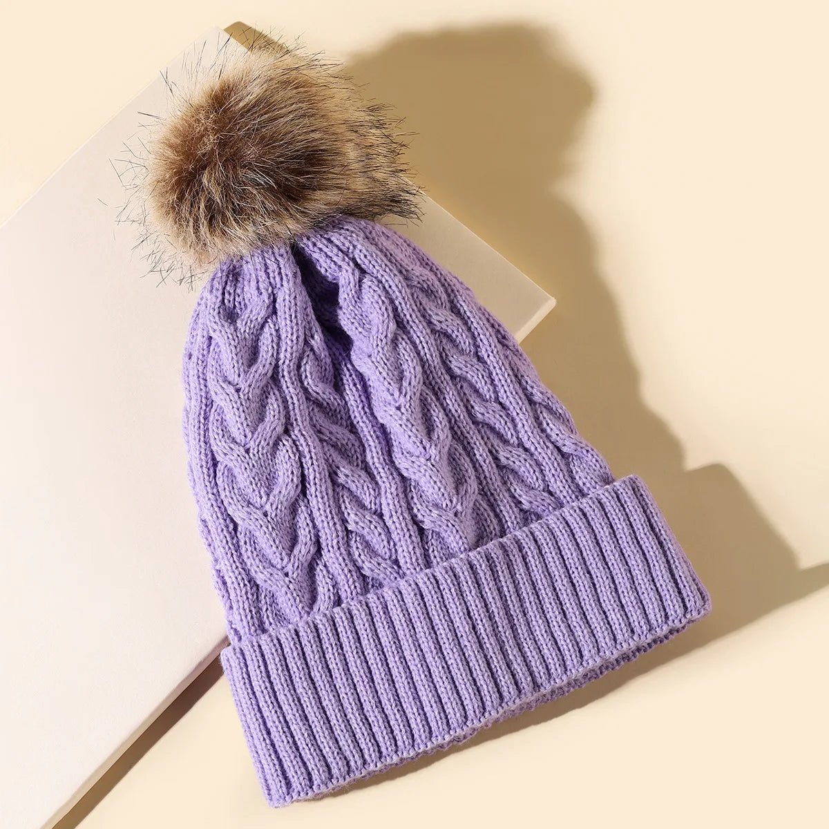 Plush-Pom Knit Flap Beanie for Women