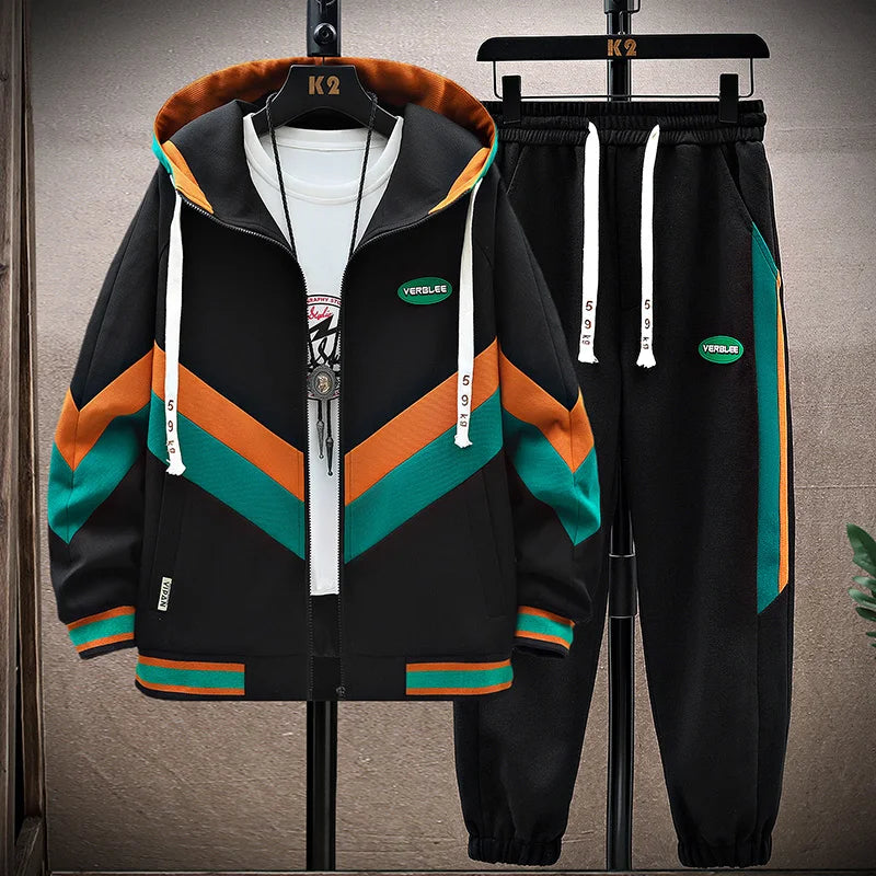 Men’s Korean Patchwork Hooded Tracksuit Set