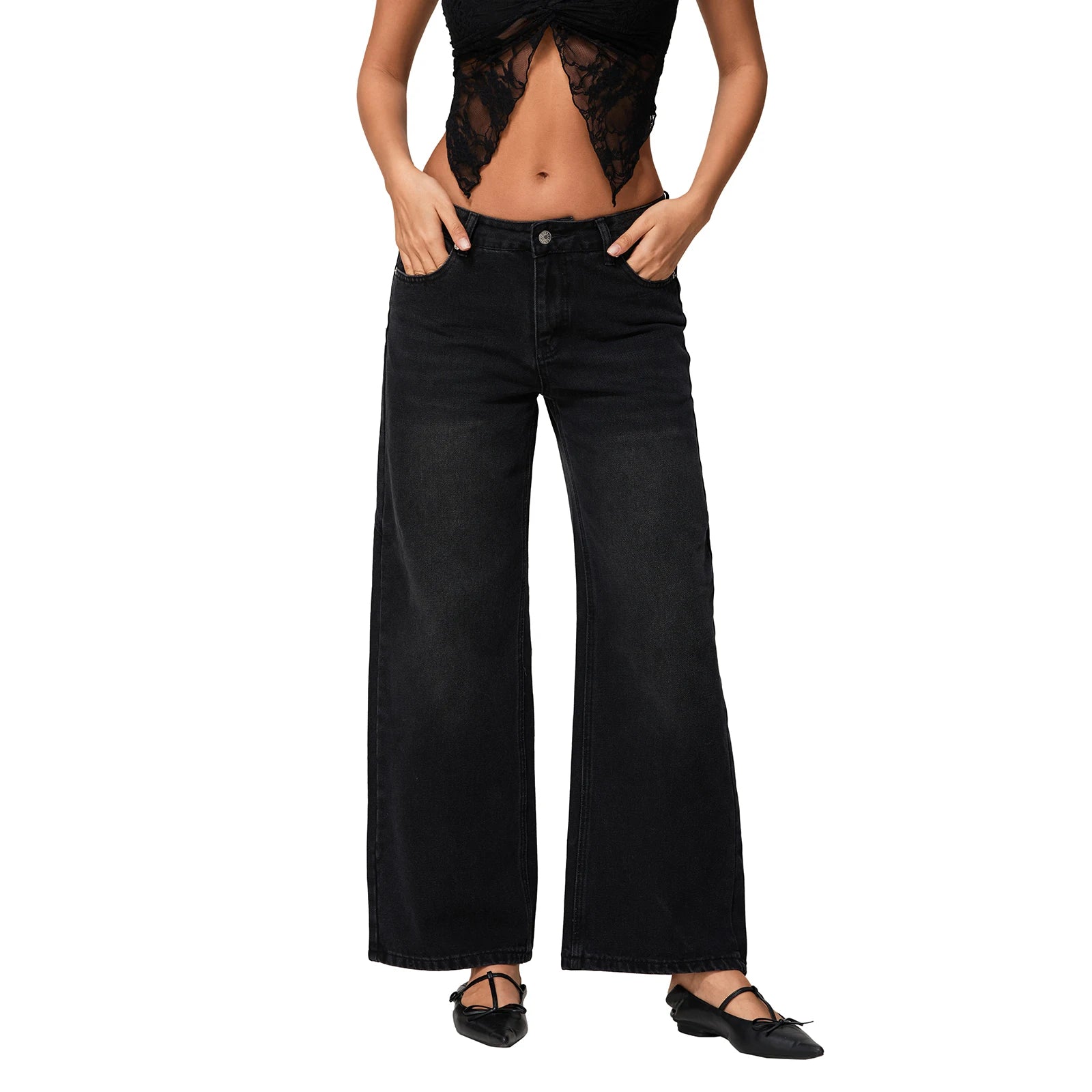Women’s Low-Rise Wide-Leg Loose Denim Jeans – Solid Colour Spring Style