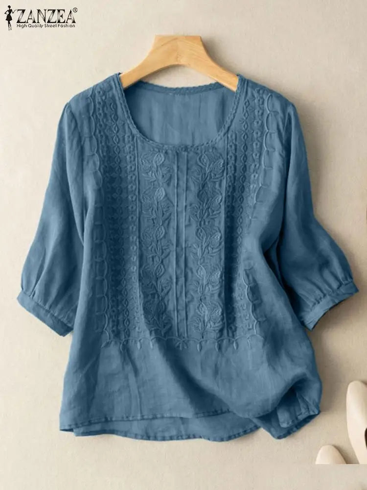 Vintage Lace Crochet Blouse – Elegant 3/4 Sleeve Embroidered Top-HighTouch