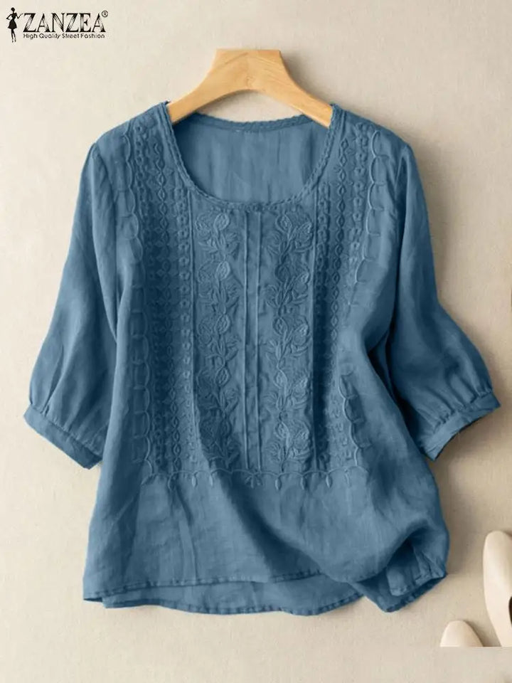 Vintage Lace Crochet Blouse – Elegant 3/4 Sleeve Embroidered Top-HighTouch