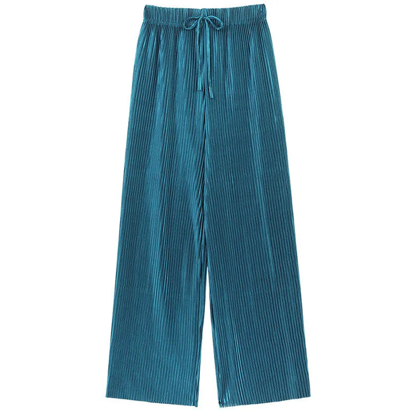 Women’s Ice Silk Wide Leg Pants – Elastic Waist Summer Trousers-HighTouch