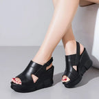 Women’s Cowhide Wedge Slides Summer Casual Slip-On Sandals-HighTouch