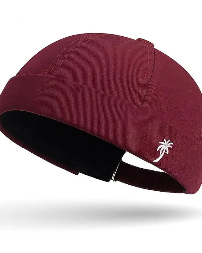 Vintage Washed Cotton Brimless Beanie Hat – Embroidered Coconut Tree (Unisex Adjustable)
