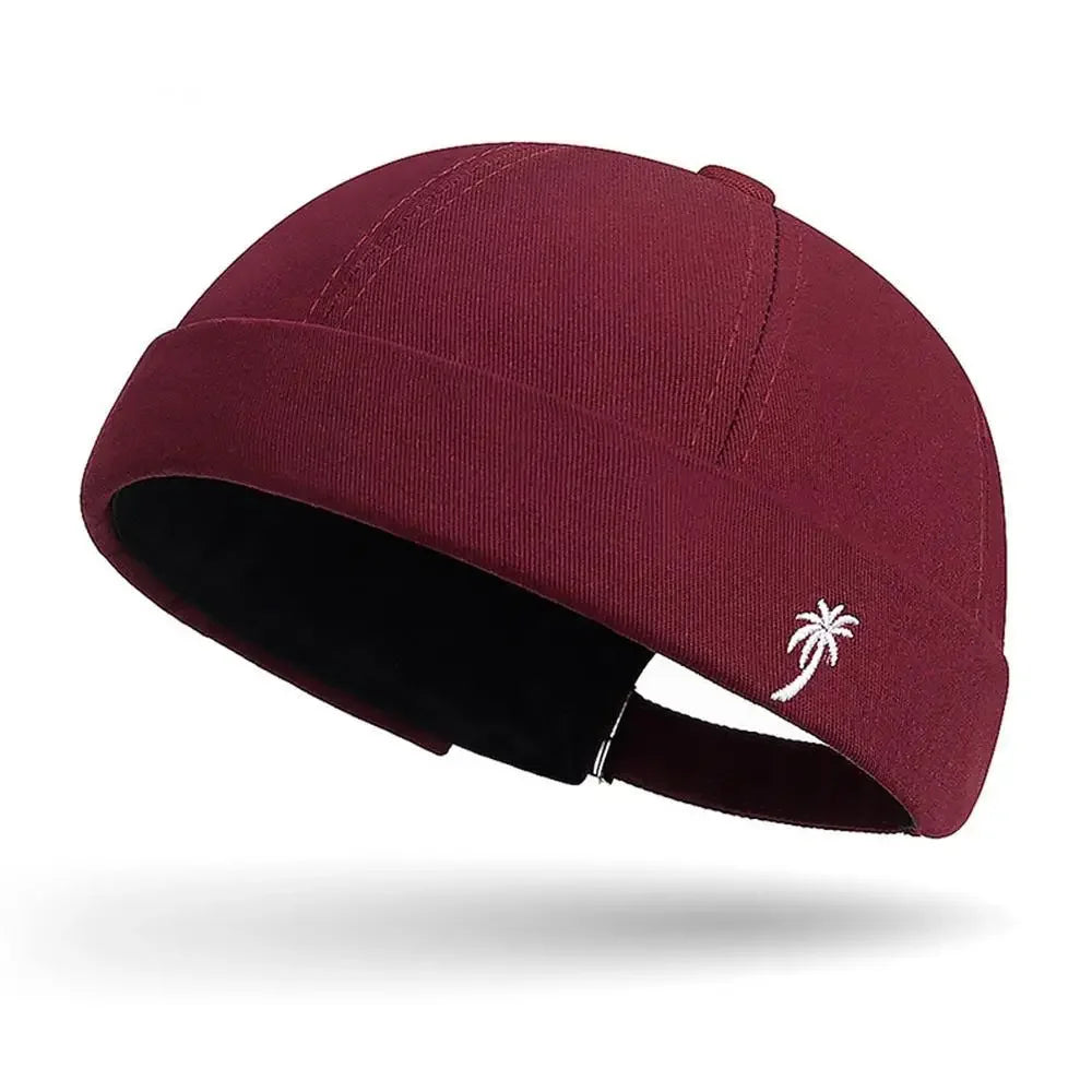 Vintage Washed Cotton Brimless Beanie Hat – Embroidered Coconut Tree (Unisex Adjustable)-HighTouch