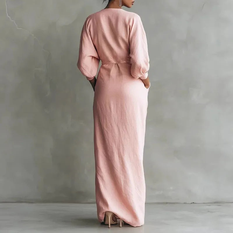 Linda - Boho V Neck Wrap Waist Maxi Dress