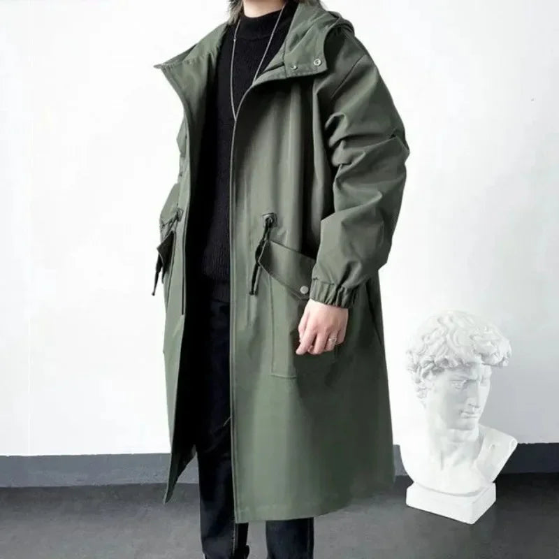 Army Green Hooded Mid-Length Windbreaker Coat Men