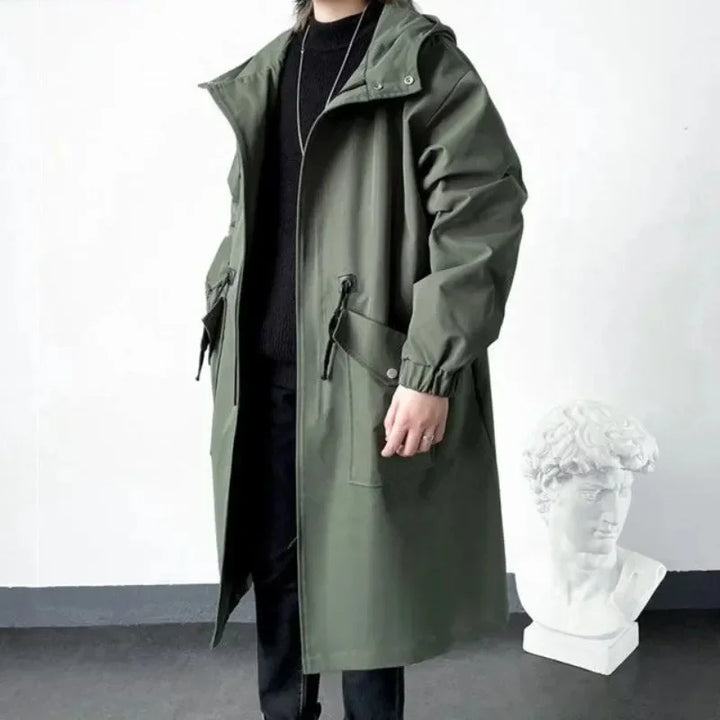 Army Green Hooded Mid-Length Windbreaker Coat Men-HighTouch