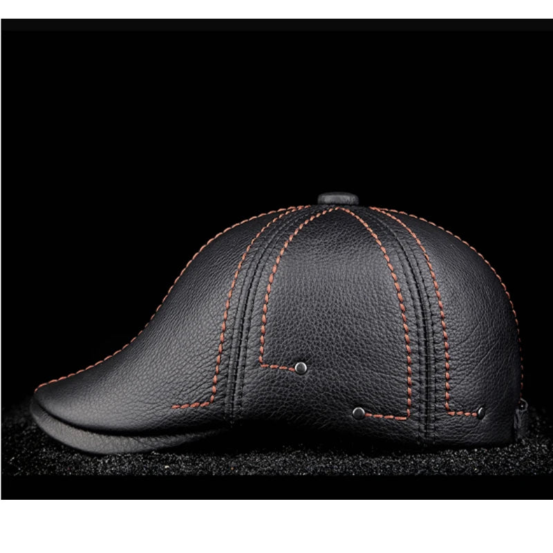 Authentic Cowhide Leather Beret – Men’s Striped Black Real Leather Cap-HighTouch