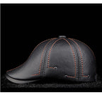 Authentic Cowhide Leather Beret – Men’s Striped Black Real Leather Cap-HighTouch