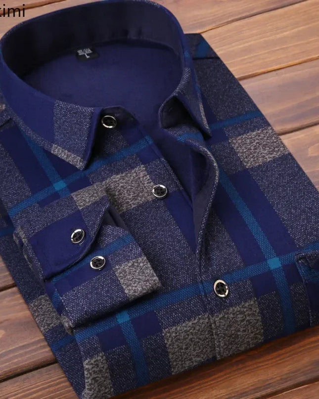 Men’s Winter Plaid Flannel Shirt – Fur Lined, Fleece‑Lined, Warm Casual Dress Shirt