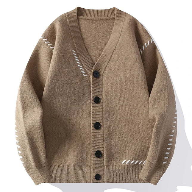 Men’s Patchwork V-Neck Knit Cardigan – Harajuku Casual Streetwear