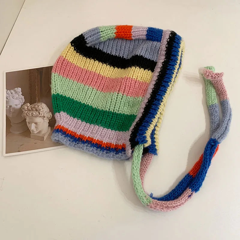 Color-Blocked Striped Warm Earmuffs for Women