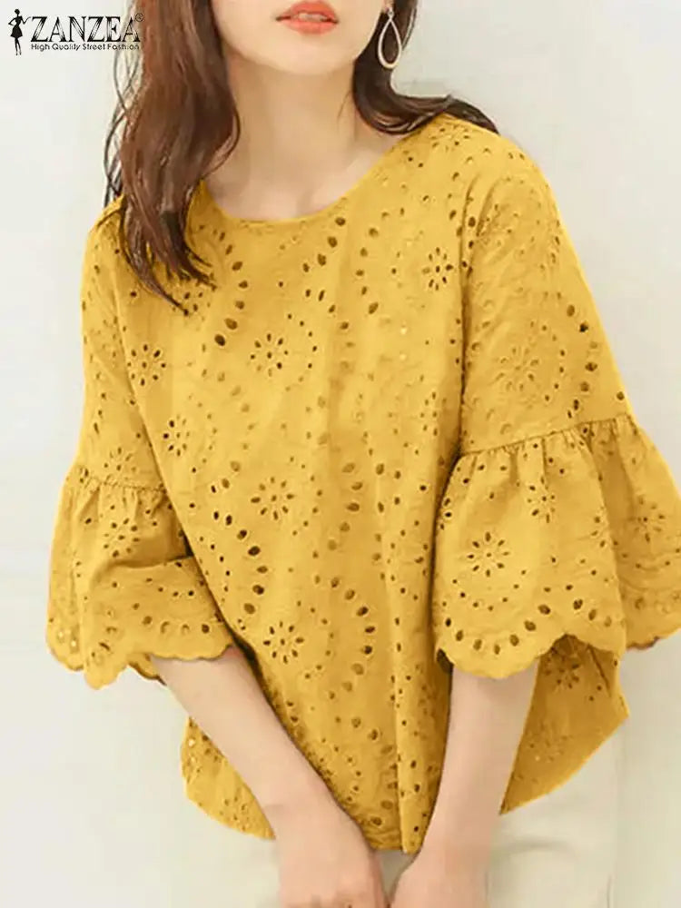 Elegant Hollow-Out Lace Blouse-HighTouch