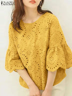 Elegant Hollow-Out Lace Blouse-HighTouch