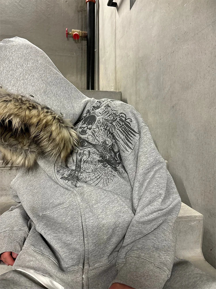 Autumn Winter Y2k Women Aesthetic Harajuku Faux Fur Collar Hoodies Clothes Graphic Hip Hop Punk Gothic Zip Up Hoodies