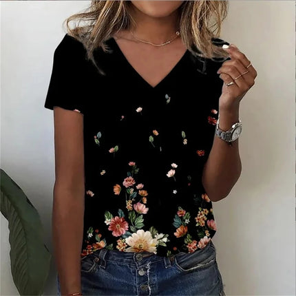 Vintage Floral 3D Print V‑Neck Tee – Oversized Harajuku Style