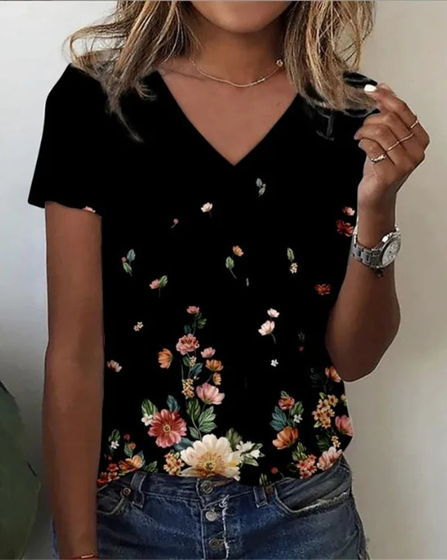 Vintage Floral 3D Print V‑Neck Tee – Oversized Harajuku Style