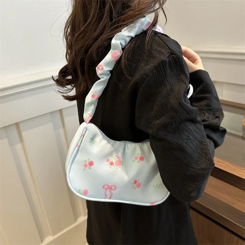 Floral Bow Canvas Pleated Drawstring Shoulder Bag – Aesthetic Underarm Purse-HighTouch