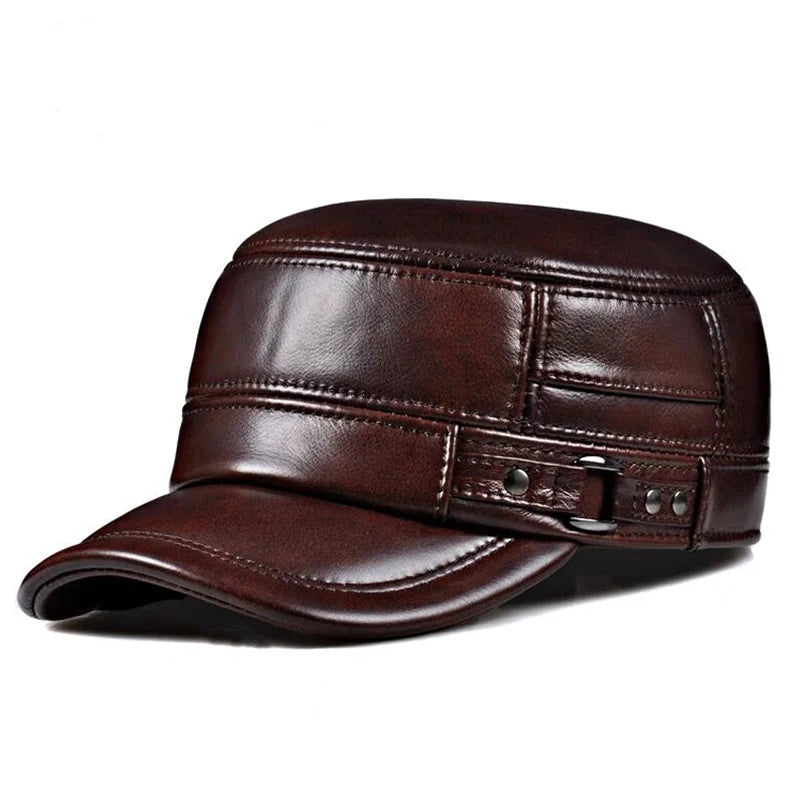 Cowhide Leather Ear-Warm Flat Cap – Vintage Winter Military Style-HighTouch