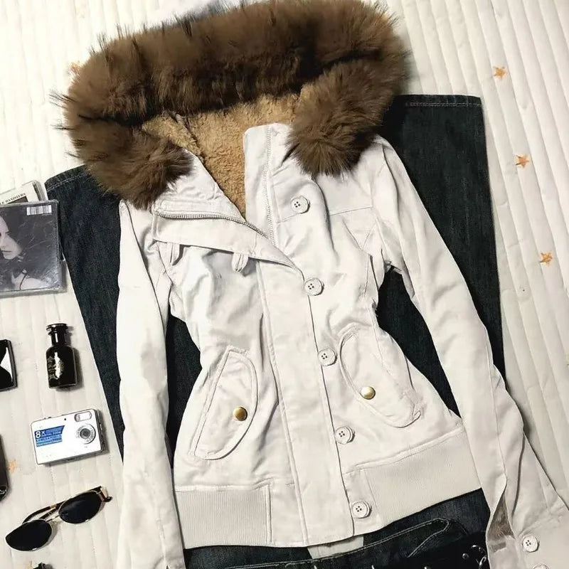 Winter Jacket Women Hooded Faux Fur Trim Fleece Lined Slim Coat