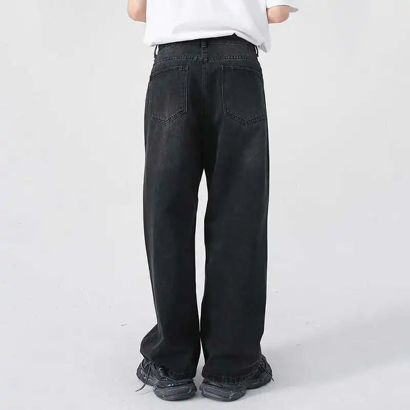Korean Streetwear Straight-Wide Leg Denim Jeans for Men – Vintage Wash, Baggy Comfort-HighTouch