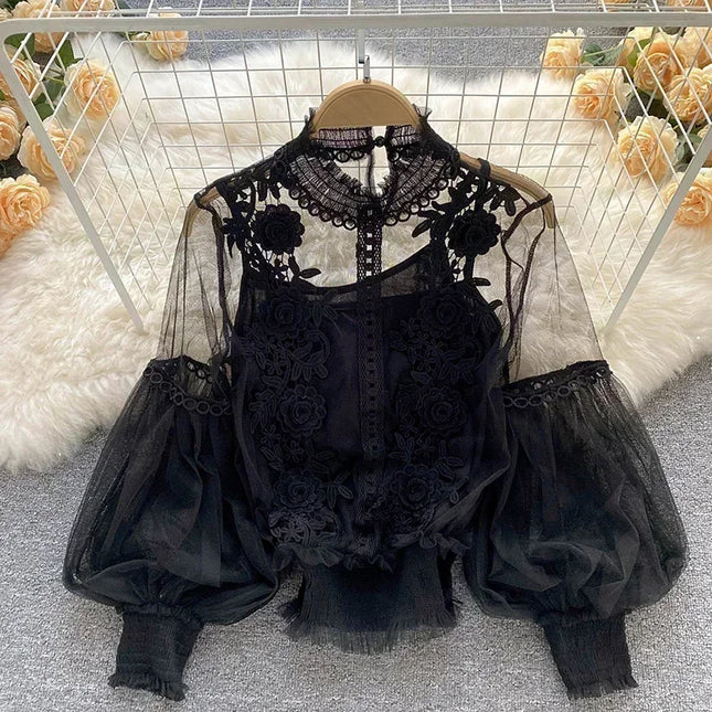 Romantic Lace Puff Long-Sleeve Blouse – Timeless Elegance & Feminine Charm