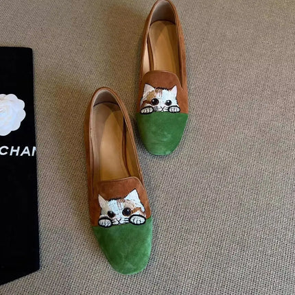 Cat Embroidered Ballet Slippers