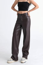 Women’s PU Leather Wide-Leg Pants – Warm Fleece Casual Trousers-HighTouch