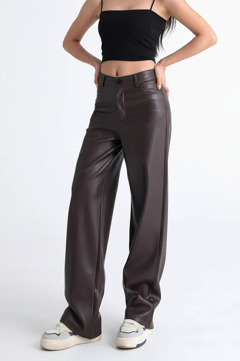 BIVIGAOS Herfst Winter Fleece Losse Wijde Pijp Warme Leren Broek Dames Knop Zak Hoge Taille Dikke PU Informele Rechte Broek