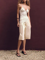 Versatile Asymmetric Pleated Hanging Neck Top – Summer Elastic Neck Blouse-HighTouch