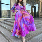 Elegant Printed Long-Sleeve Belted Maxi Dress Women-HighTouch