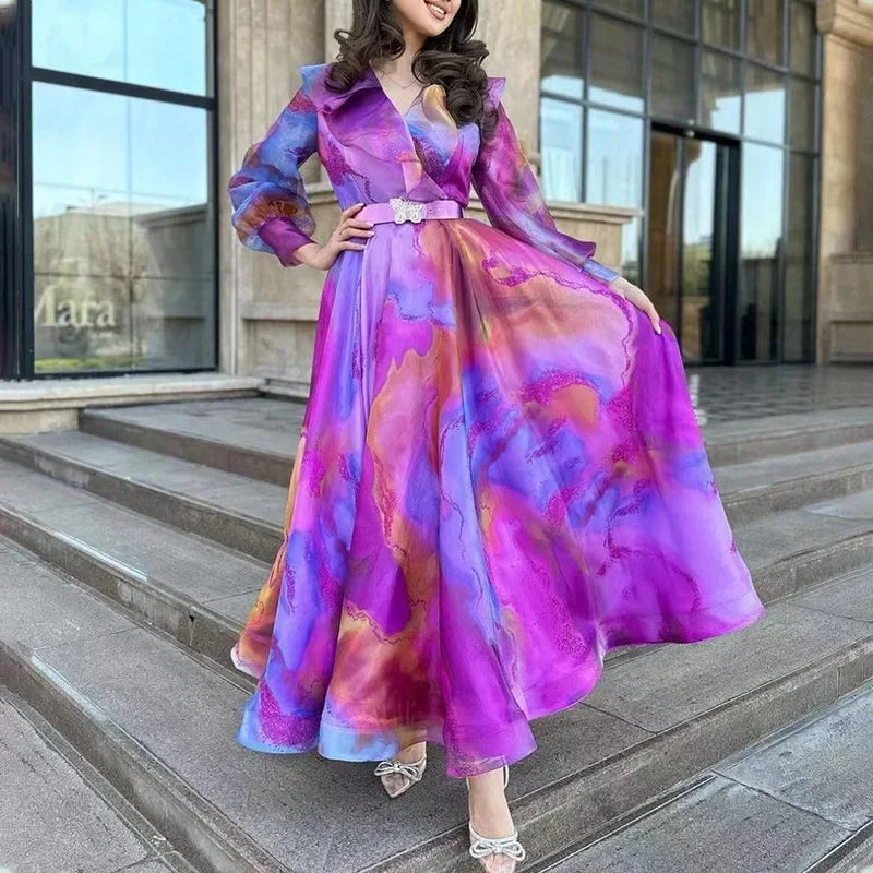 Elegant Printed Long-Sleeve Belted Maxi Dress Women
