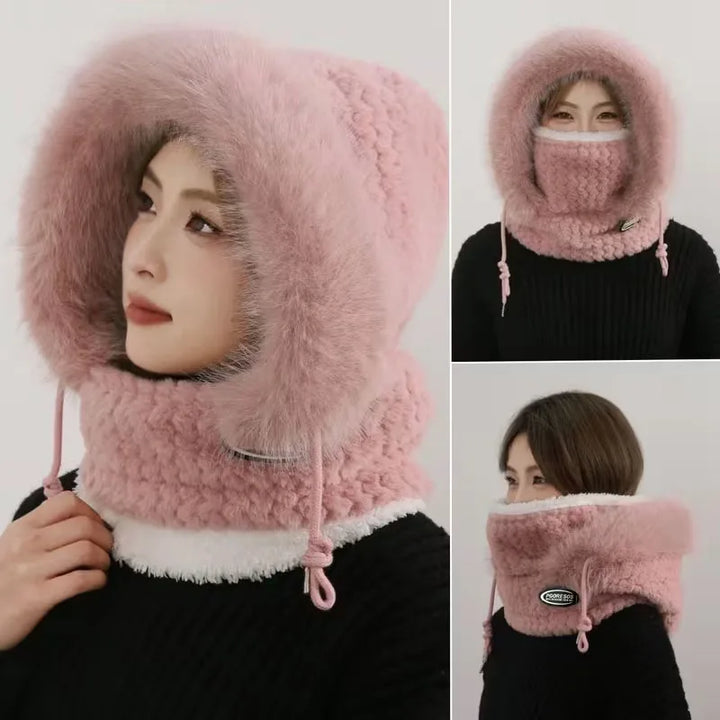 Winter Women's Plush Hooded Hat Scarf Mask 3-in-1 Ear Cover