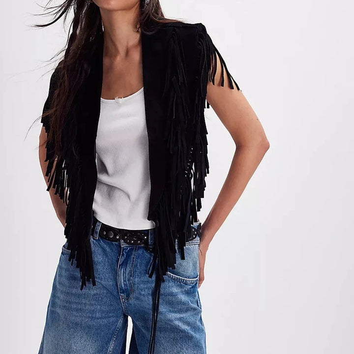 Vintage Studded Faux Suede Tassel Vest