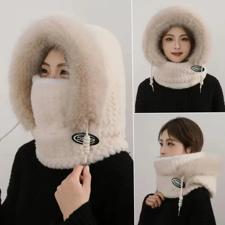 Winter Women's Plush Hooded Hat Scarf Mask 3-in-1 Ear Cover