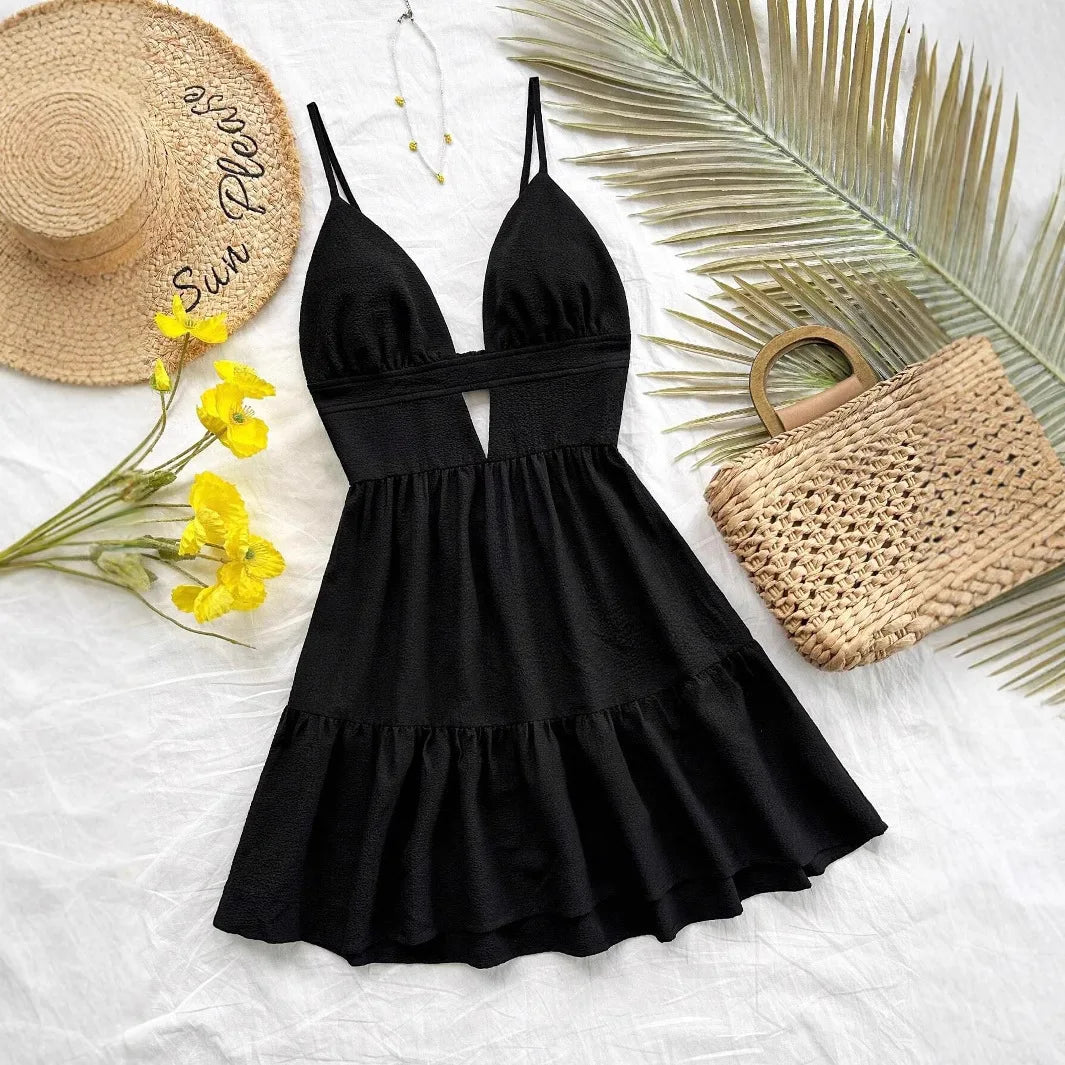 Leopard Print Backless Camisole Mini Dress – 4‑Color Summer Style