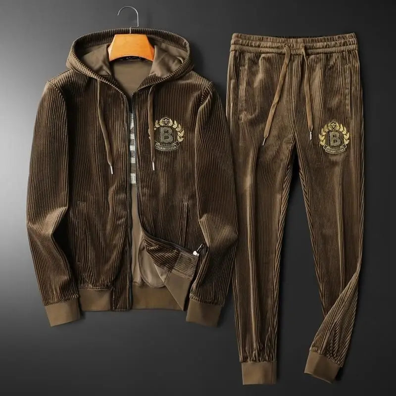 Men’s Gold Velvet Tracksuit – Hooded Zip Jacket & Joggers-HighTouch