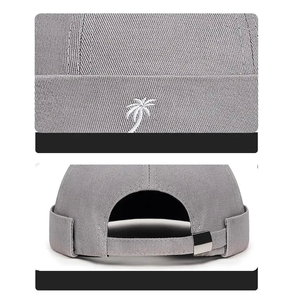 Vintage Washed Cotton Brimless Beanie Hat – Embroidered Coconut Tree (Unisex Adjustable)